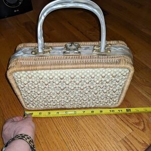 Vintage mid century mother of pearl lucite bag basket beaded pearls